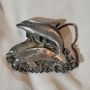 Vintage 1978 Pewter Bergamont Three Dolphins Fishing Aquatic Belt Buckle
